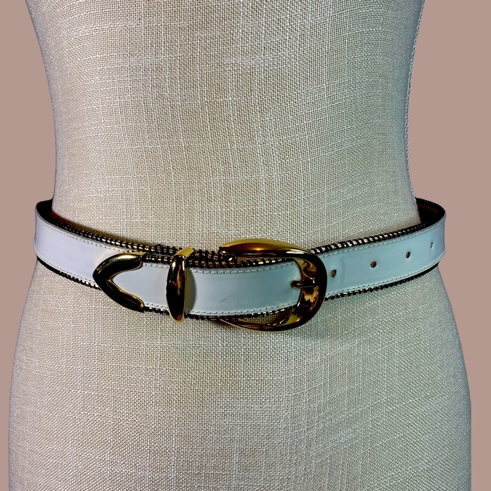 Vintage Genuine Leather White and Gold Belt